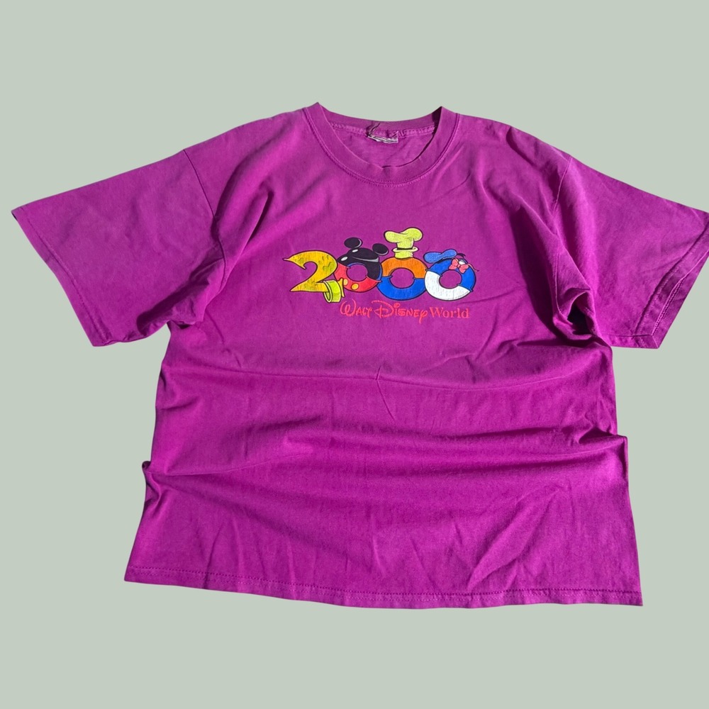 Vintage Walt Disney World 2000 T-Shirt Magenta Mickey Goofy Donald Y2K XL